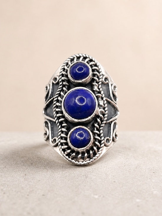 925 Sterling Silver Jewelry - Size 9 925 Sterling Silver Blue Lapis Triple Cabochon Statement Ring